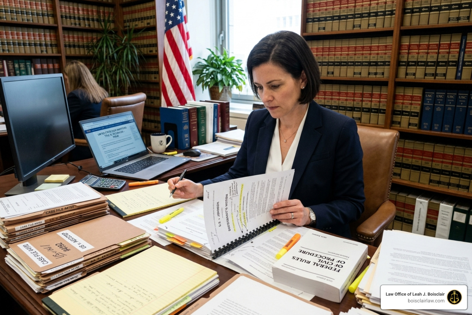 Lawyer reviewing complex federal case files and statutes