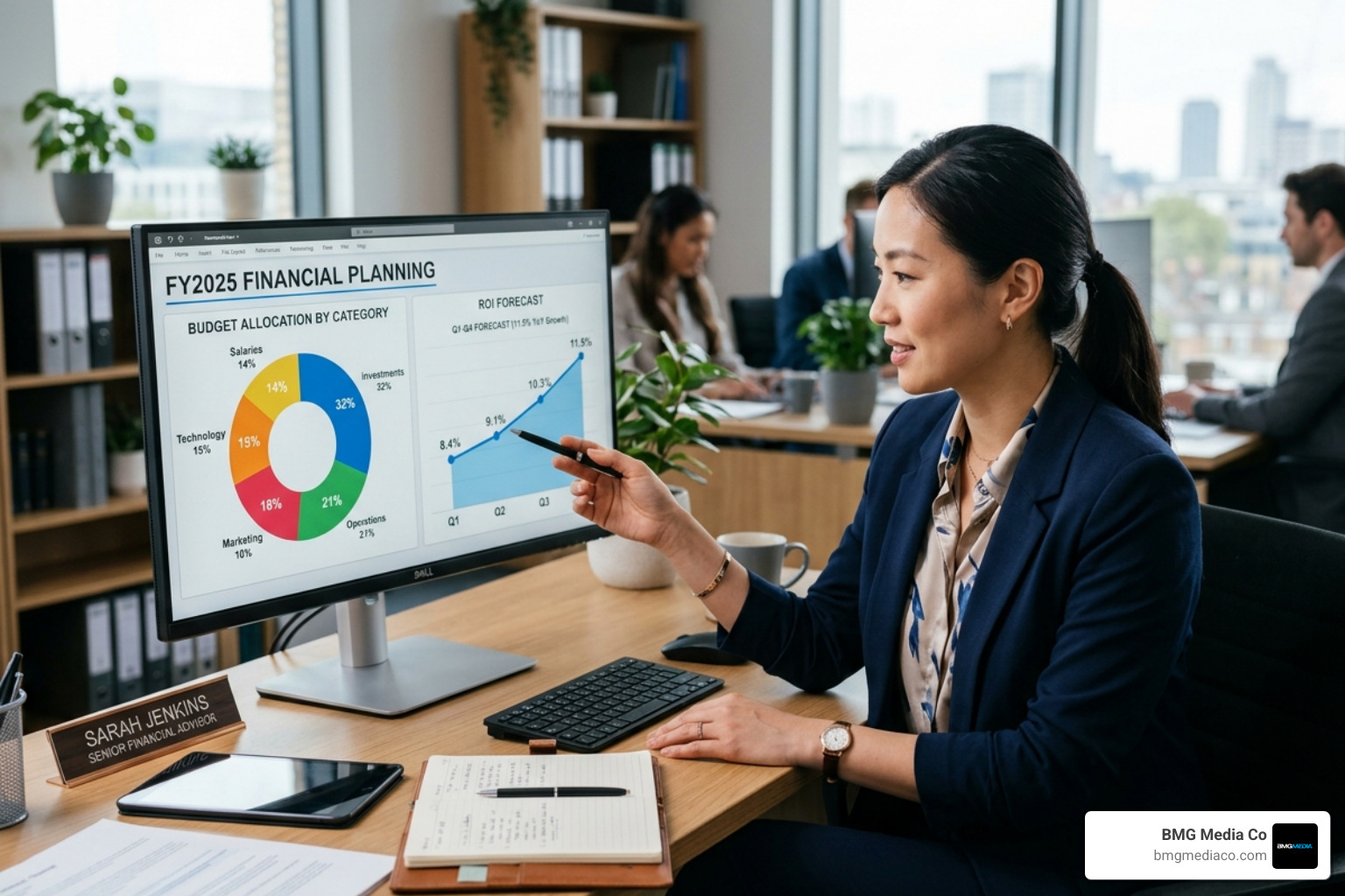 Financial software planning graphic showing budget allocation and ROI forecasting