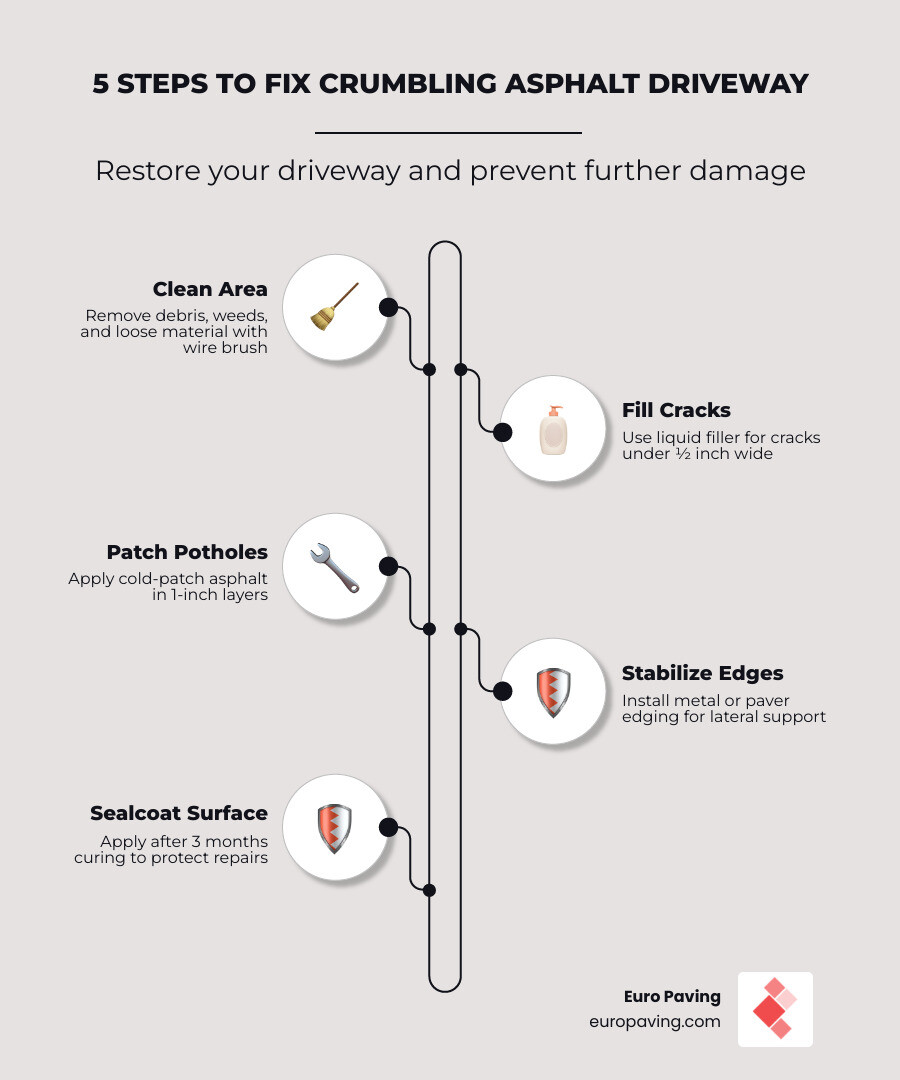 Infographic showing 5 steps to fix a crumbling asphalt driveway with damage types and repair methods infographic