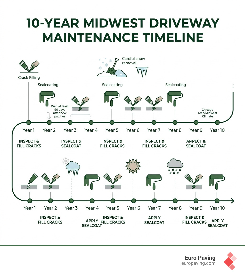 Infographic showing a 10-year maintenance timeline for Midwest driveways including sealing and crack filling intervals