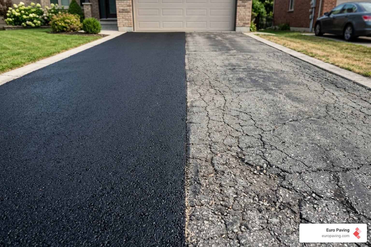 Comparison of healthy black asphalt vs. oxidized gray asphalt showing surface texture differences