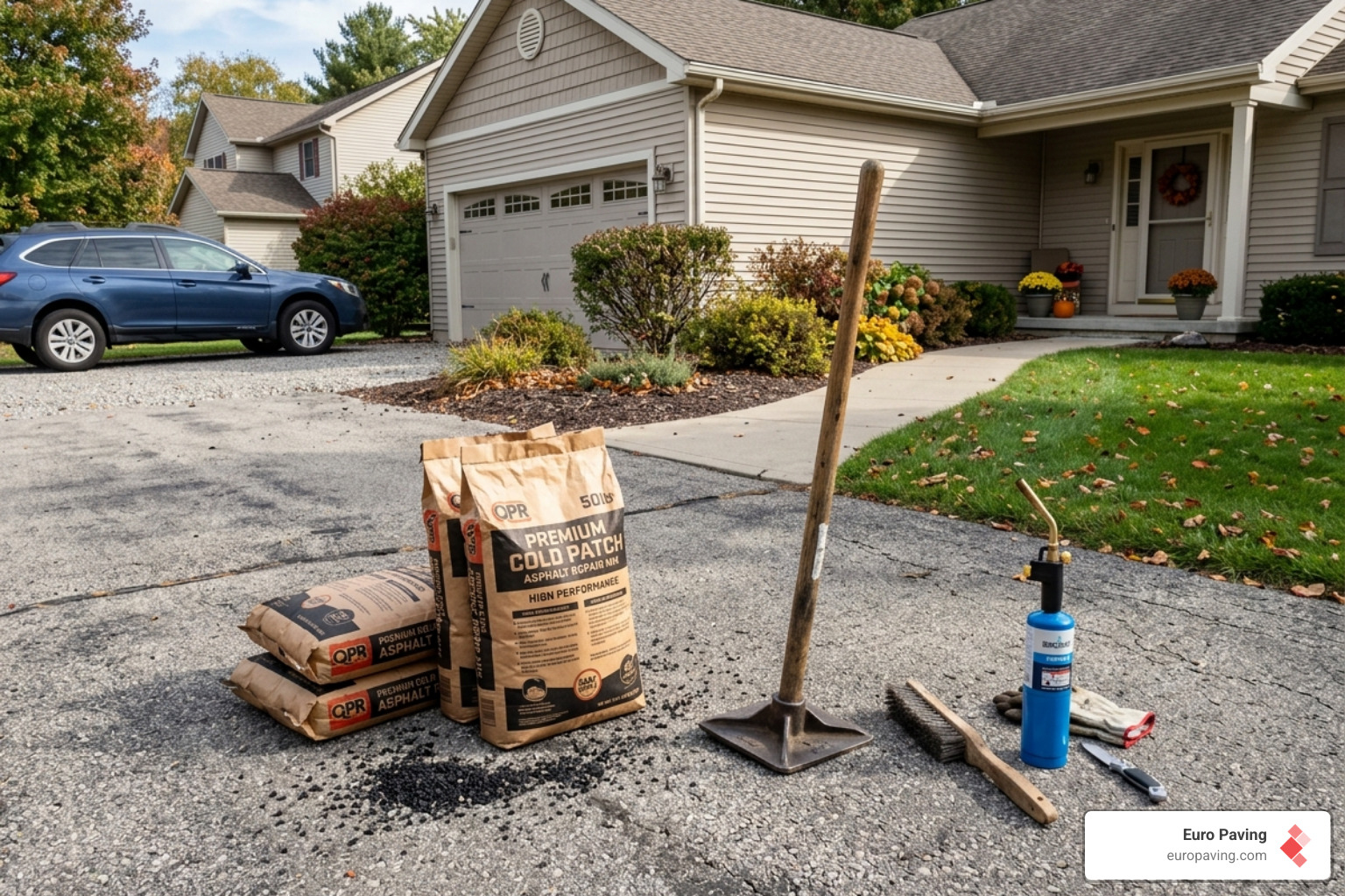 Essential asphalt repair kit showing cold patch bags, steel tamper, propane torch, and wire brush