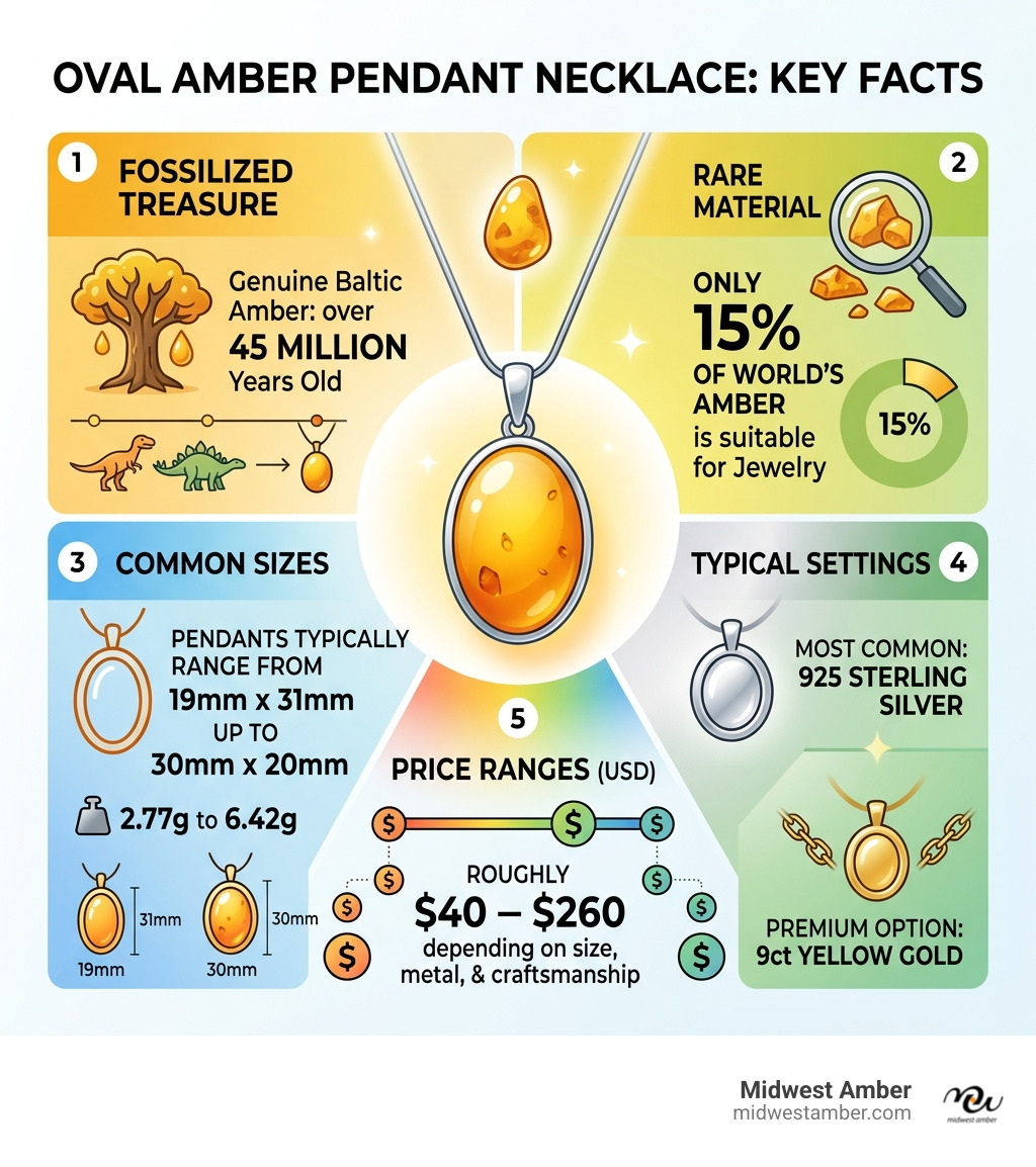 Infographic showing oval amber pendant necklace key facts: 45M year old resin, 15% jewelry grade, sizes, settings, price Infographic showing oval amber pendant necklace key facts: 45M year old resin, 15% jewelry grade, sizes, settings, price