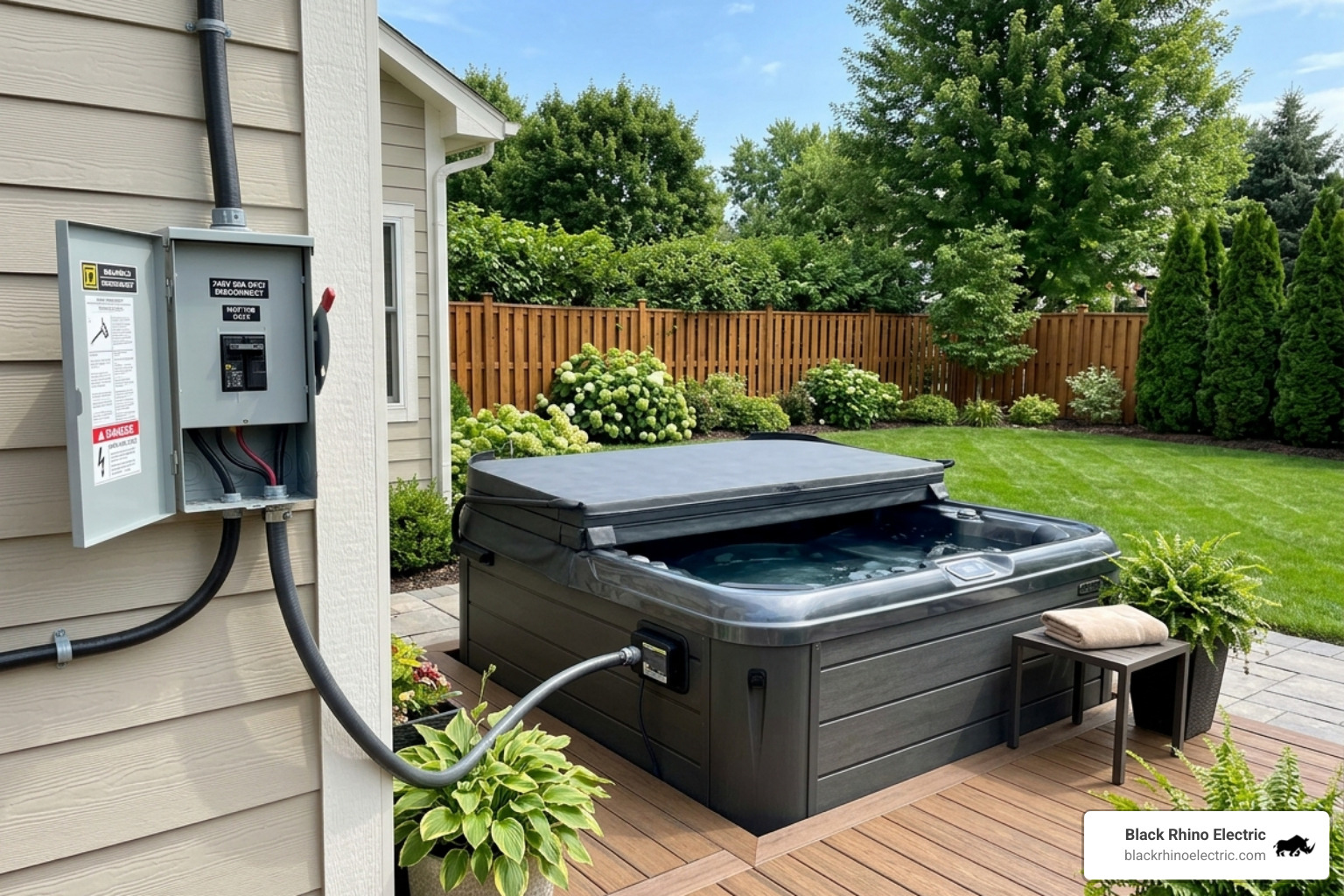 Modern 240V hot tub installation with properly mounted GFCI disconnect panel in a backyard setting