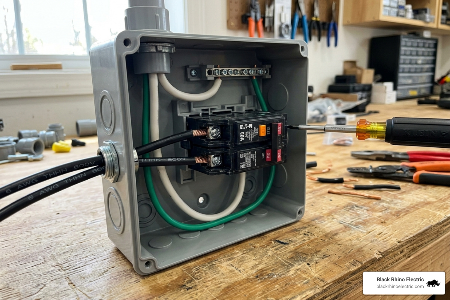Electrician installing #6 AWG copper wire into a 50-amp GFCI spa panel