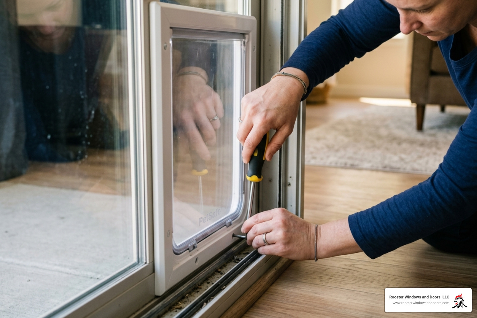 homeowner using a screwdriver to secure a pet panel in a sliding glass door track homeowner using a screwdriver to secure a pet panel in a sliding glass door track