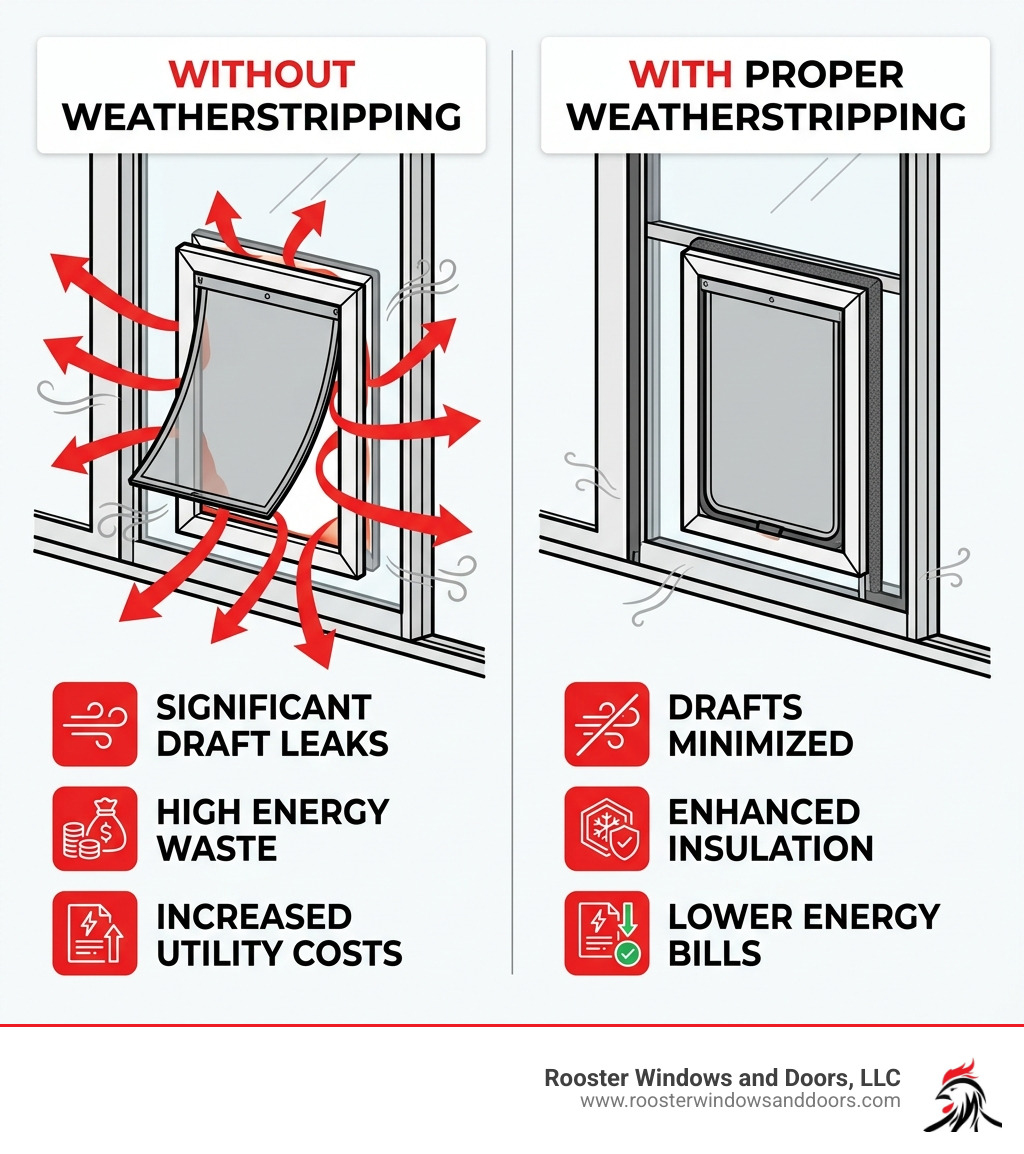 Comparison of energy loss with and without proper weatherstripping on a pet door infographic Comparison of energy loss with and without proper weatherstripping on a pet door infographic