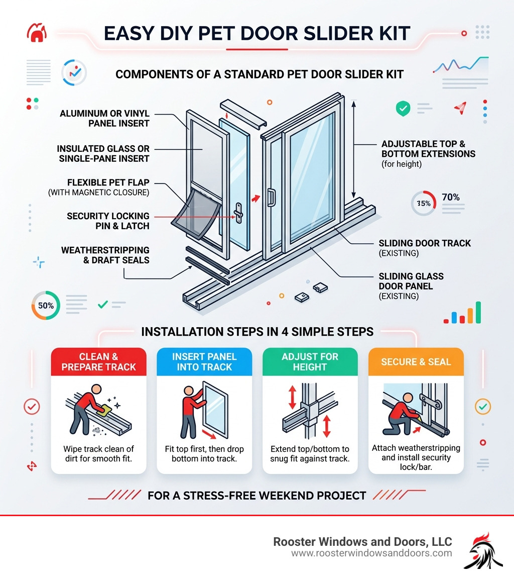 Components of a standard pet door slider kit with labeled parts and installation steps infographic Components of a standard pet door slider kit with labeled parts and installation steps infographic