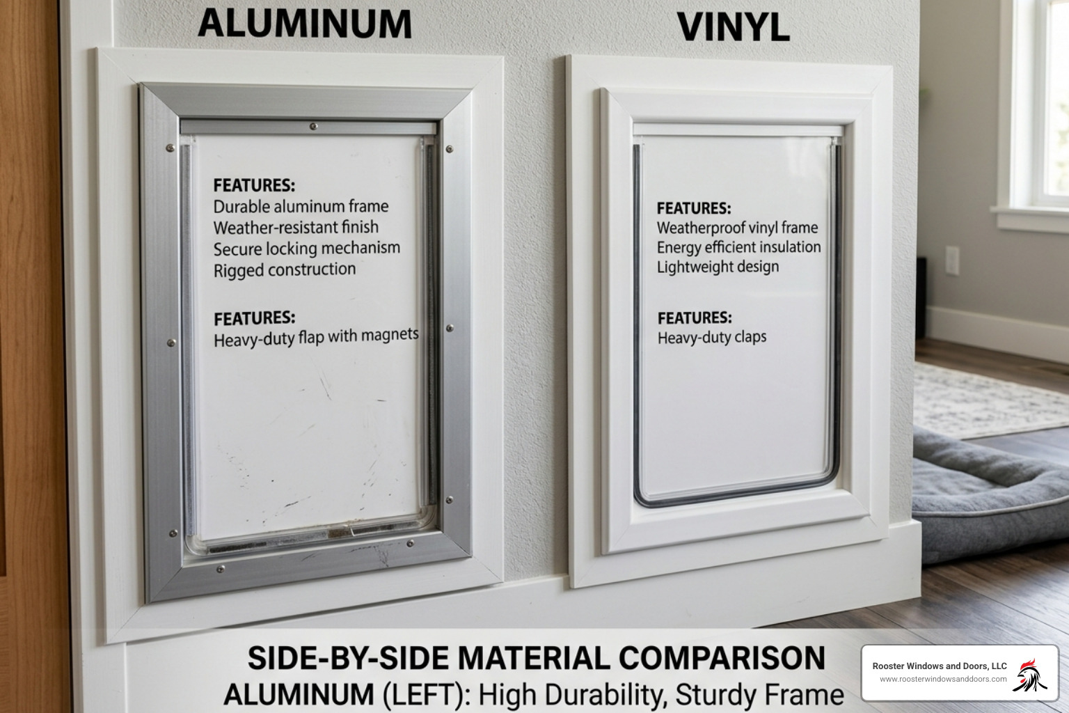 various pet door panel materials like aluminum and vinyl displayed side-by-side various pet door panel materials like aluminum and vinyl displayed side-by-side