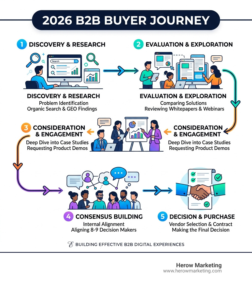 2026 B2B buyer journey infographic showing stages from organic search to multi-stakeholder decision infographic