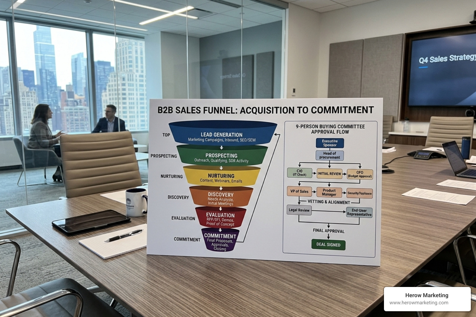 Complex B2B sales funnel showing the path from discovery to 9-person committee approval