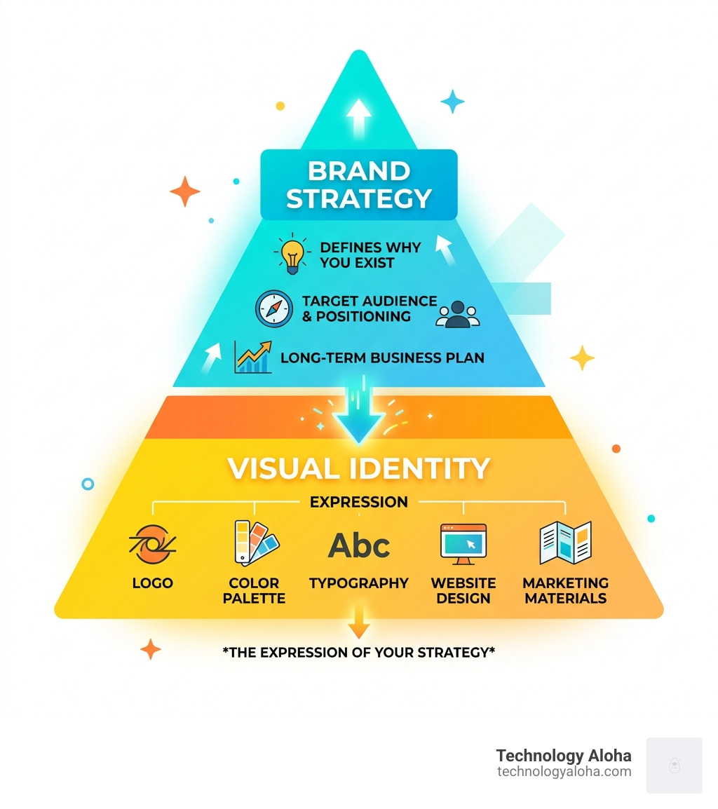 Hierarchy of brand strategy versus visual identity: strategy on top, identity below it infographic Hierarchy of brand strategy versus visual identity: strategy on top, identity below it infographic