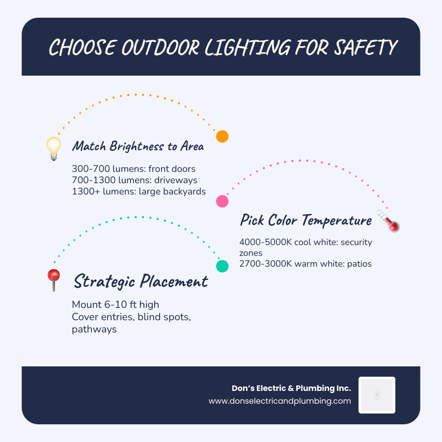 Infographic showing 5 key steps to choose outdoor lighting for safety and security with lumen and Kelvin guides infographic Infographic showing 5 key steps to choose outdoor lighting for safety and security with lumen and Kelvin guides infographic