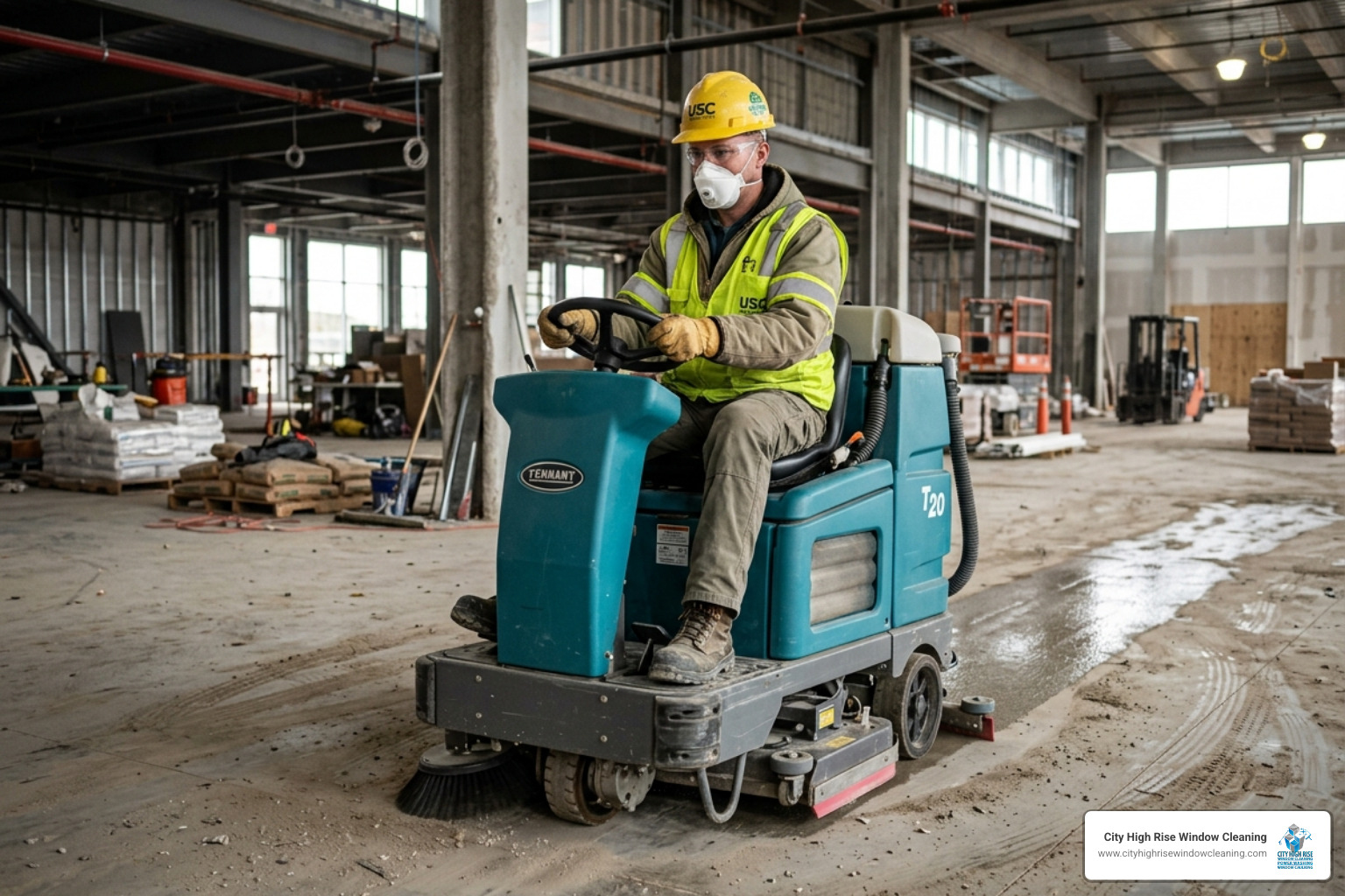 worker in full PPE using an industrial floor scrubber worker in full PPE using an industrial floor scrubber
