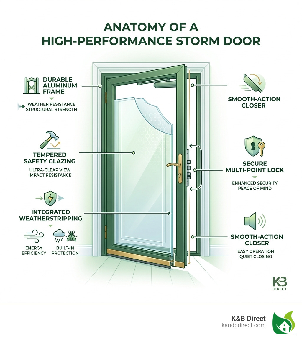 Infographic showing layers of a high-performance glass exterior storm door: frame, tempered glazing, weatherstripping Infographic showing layers of a high-performance glass exterior storm door: frame, tempered glazing, weatherstripping