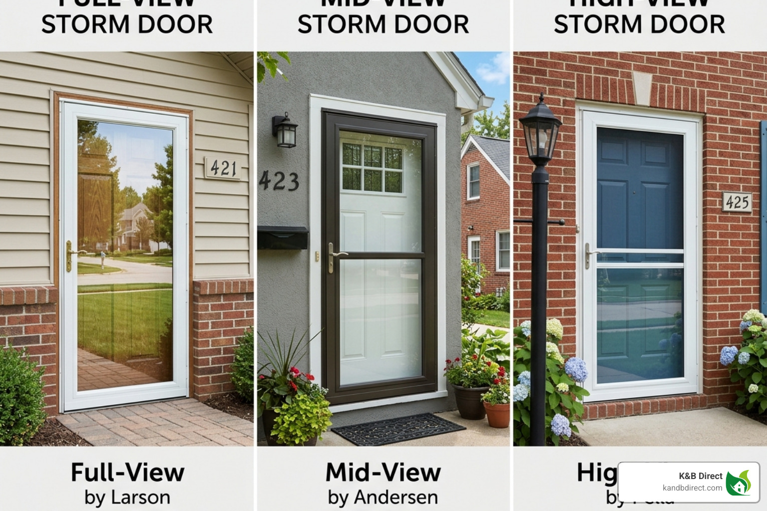 Different storm door view types: Full-view, Mid-view, and High-view Different storm door view types: Full-view, Mid-view, and High-view