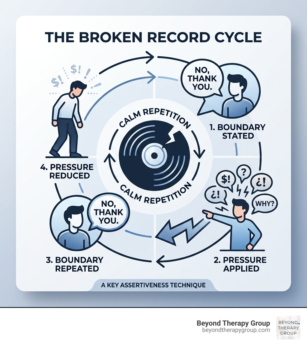 Infographic showing the broken record cycle: boundary stated, pressure applied, boundary repeated, pressure reduced Infographic showing the broken record cycle: boundary stated, pressure applied, boundary repeated, pressure reduced