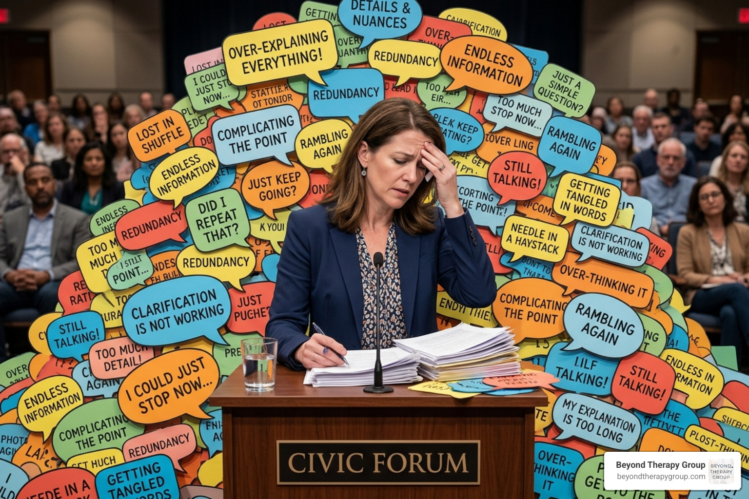 A person standing at a podium with a mountain of speech bubbles, representing over-explaining A person standing at a podium with a mountain of speech bubbles, representing over-explaining