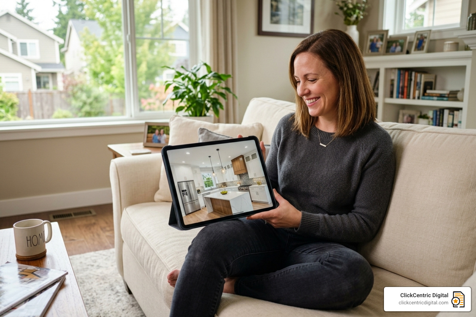 Homeowner viewing a 3D rendering of their kitchen on a tablet