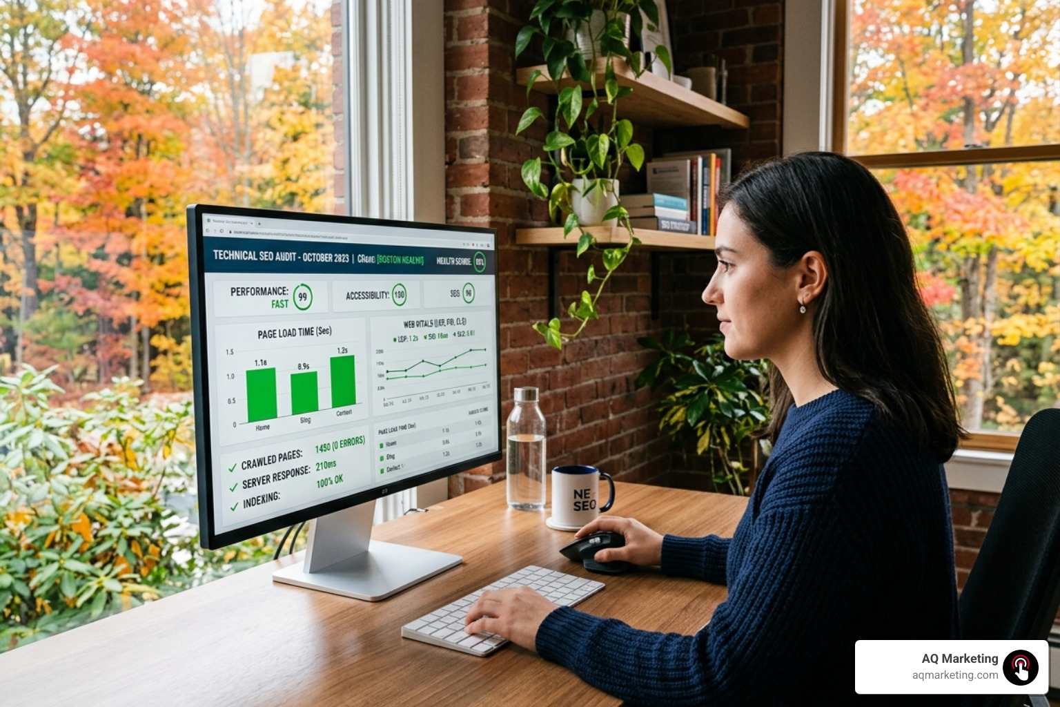 Dashboard showing a technical SEO audit with high health scores and fast loading times Dashboard showing a technical SEO audit with high health scores and fast loading times