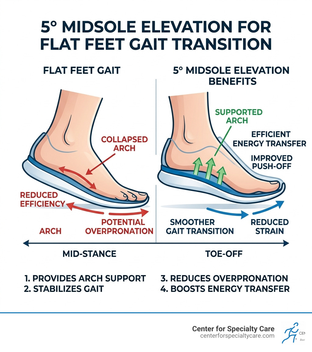 Infographic showing 5-degree midsole elevation benefit for gait transition infographic