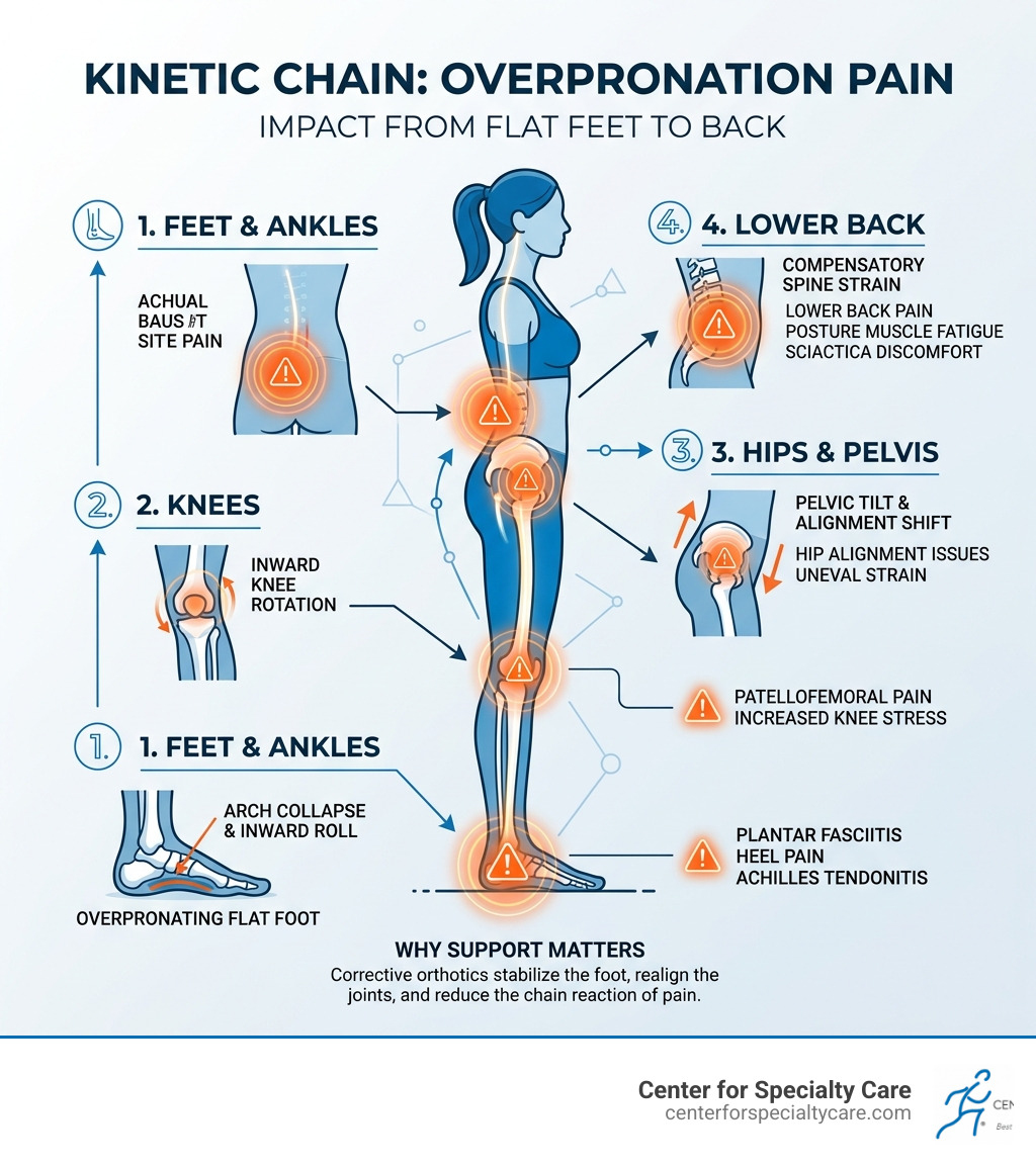 Infographic showing flat feet overpronation kinetic chain pain from feet to back infographic