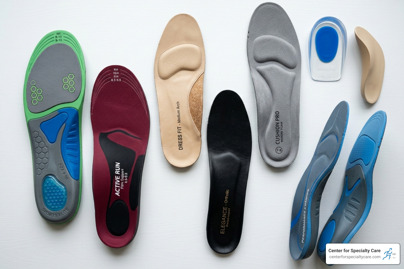 Various orthotic inserts ranging from full-length athletic to 3/4 length dress inserts