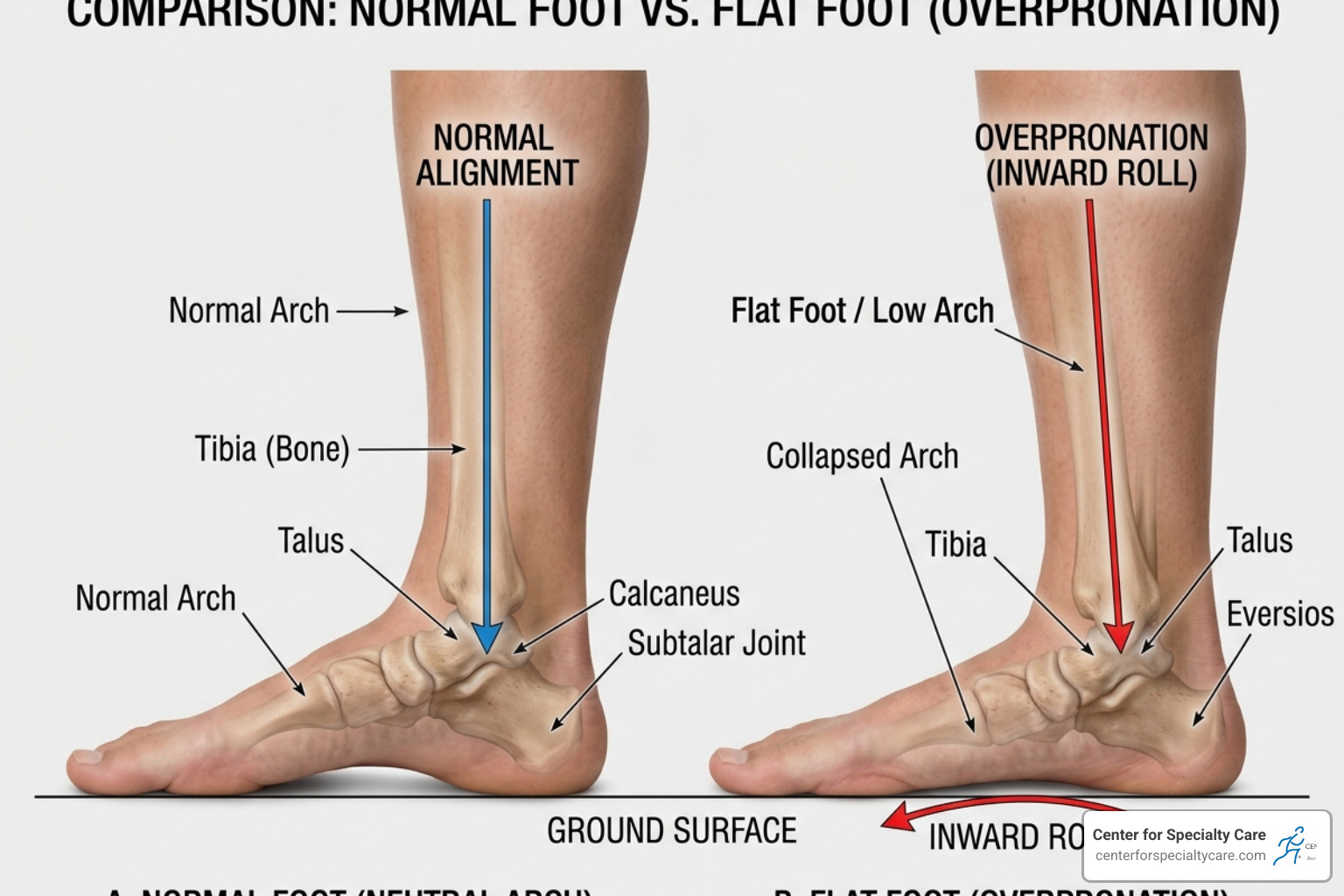 Diagram of foot alignment showing neutral arch vs. overpronating flat foot