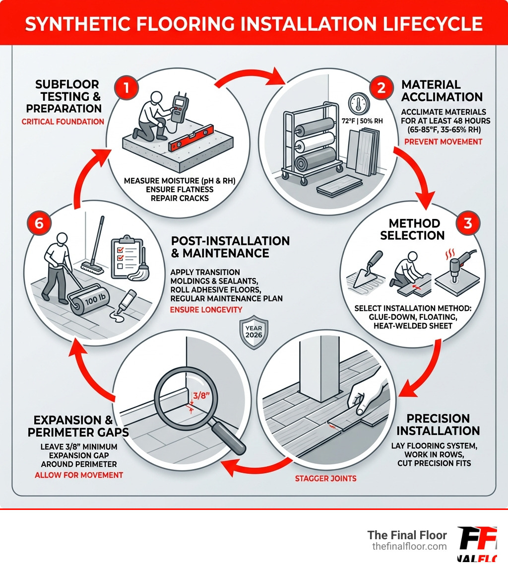 Infographic showing the synthetic flooring installation lifecycle from subfloor testing to post-installation maintenance Infographic showing the synthetic flooring installation lifecycle from subfloor testing to post-installation maintenance