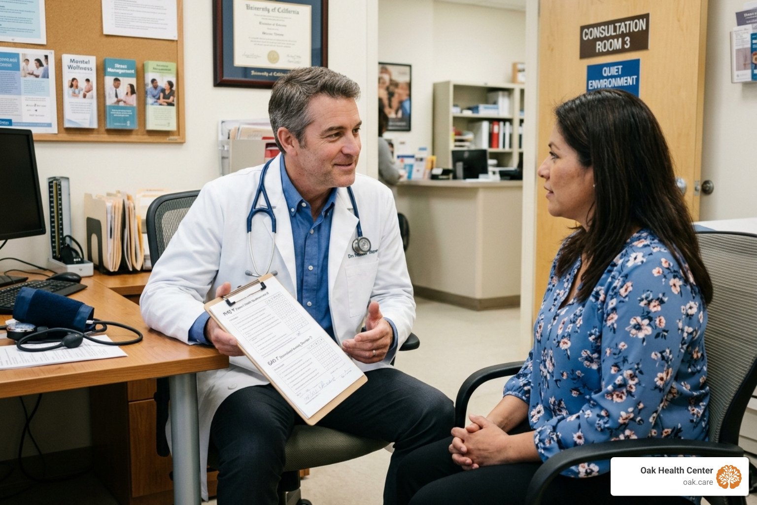 Doctor sitting across from a patient, holding a clipboard and discussing screening results compassionately