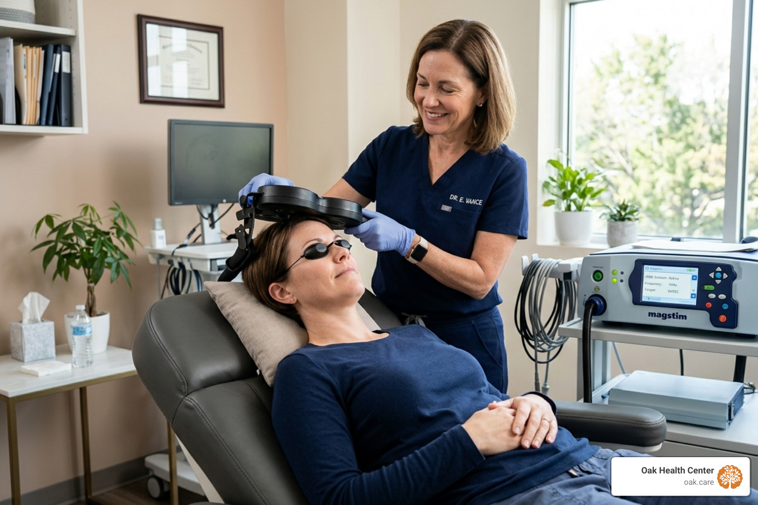 A patient comfortably receiving an rTMS treatment session