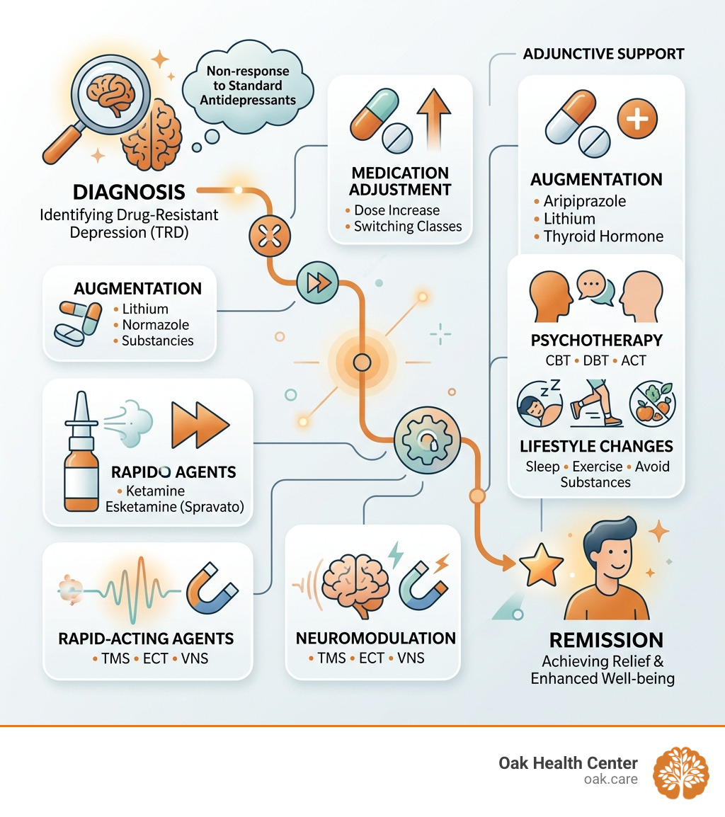 Overview of drug resistant depression treatment options from diagnosis to remission infographic