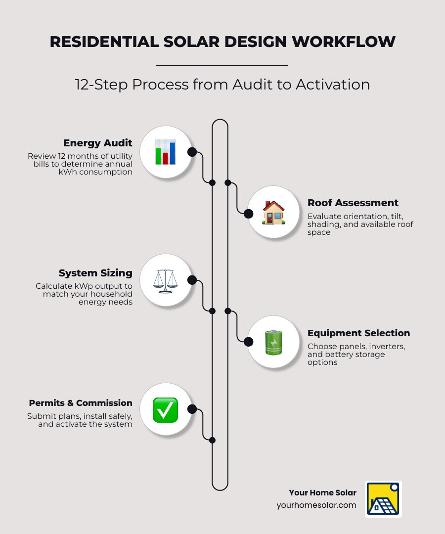 12-step residential solar system design workflow from energy audit to permit-ready plan set infographic 12-step residential solar system design workflow from energy audit to permit-ready plan set infographic