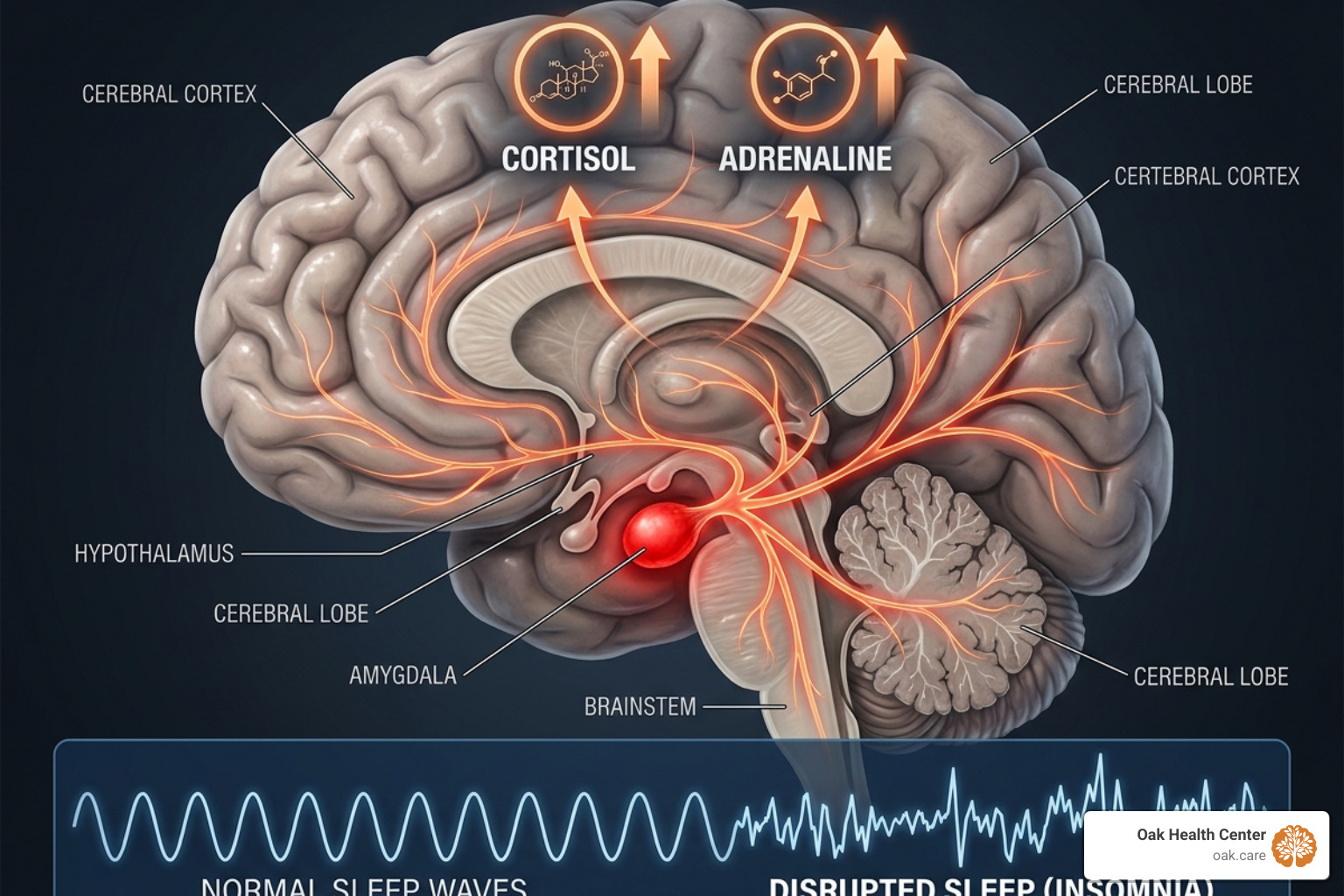 Graphic showing the brain's stress response and amygdala activity during sleep loss