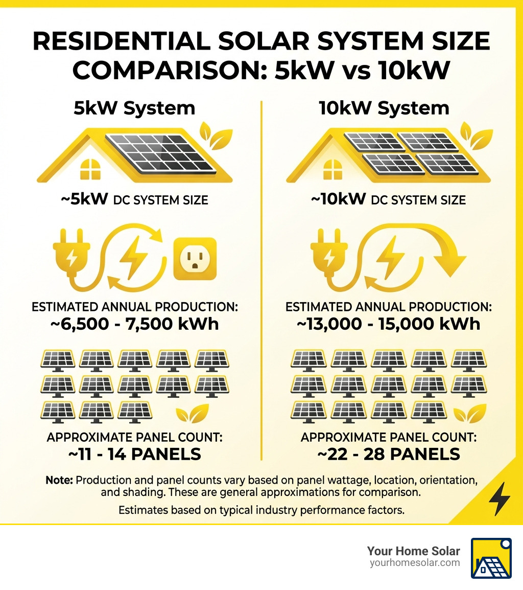 system size comparison chart showing 5kW vs 10kW annual production and panel counts infographic system size comparison chart showing 5kW vs 10kW annual production and panel counts infographic