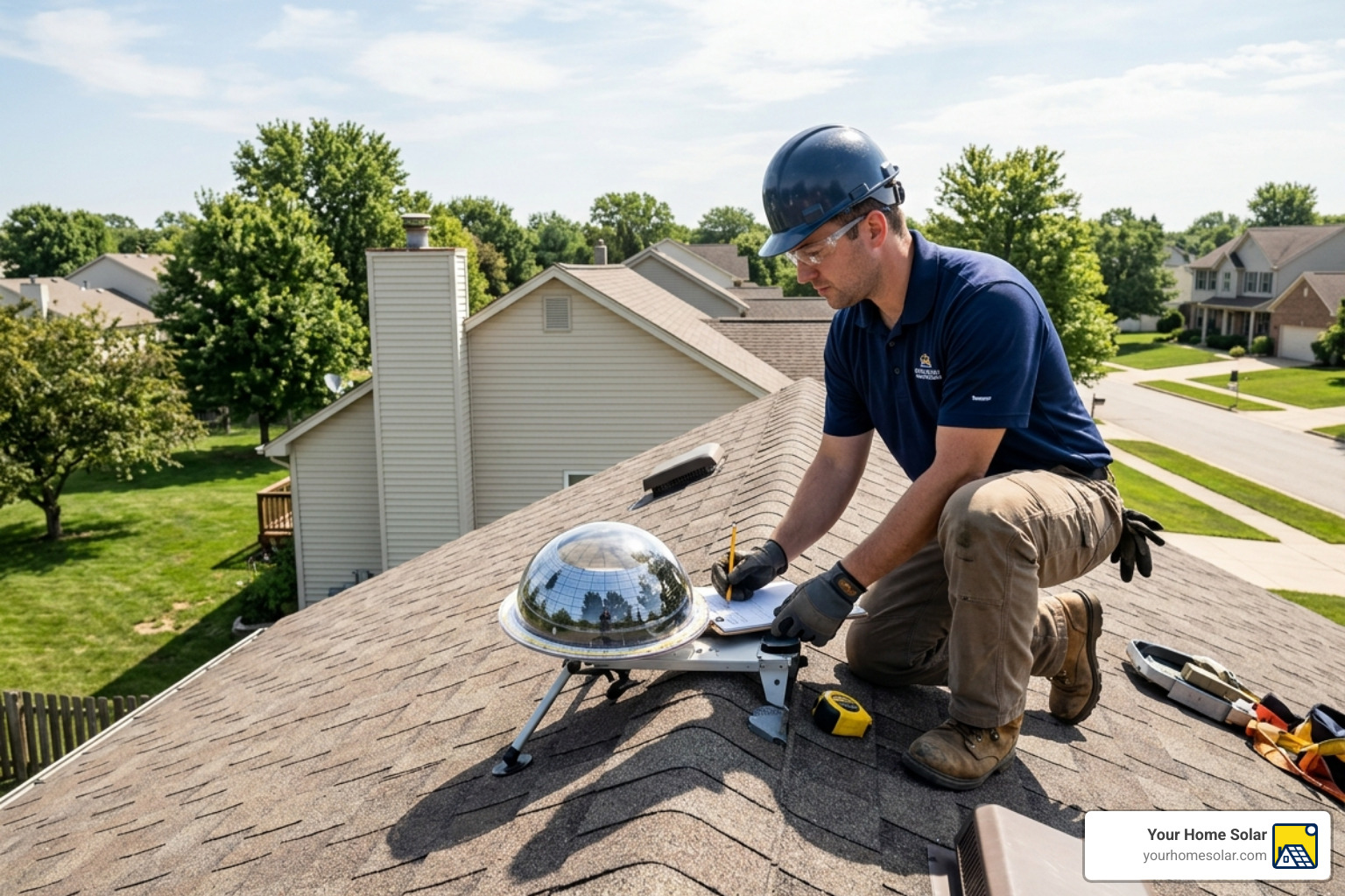 technician using a solar pathfinder tool to measure shading on a residential roof technician using a solar pathfinder tool to measure shading on a residential roof