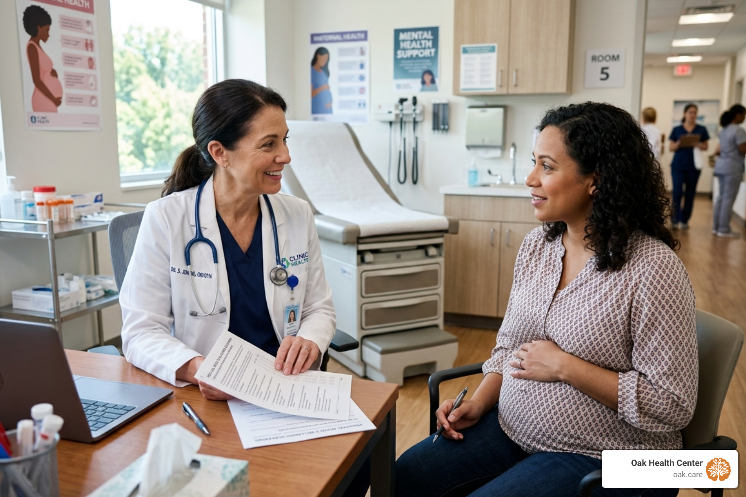 Healthcare provider discussing a mood screening questionnaire with a pregnant patient