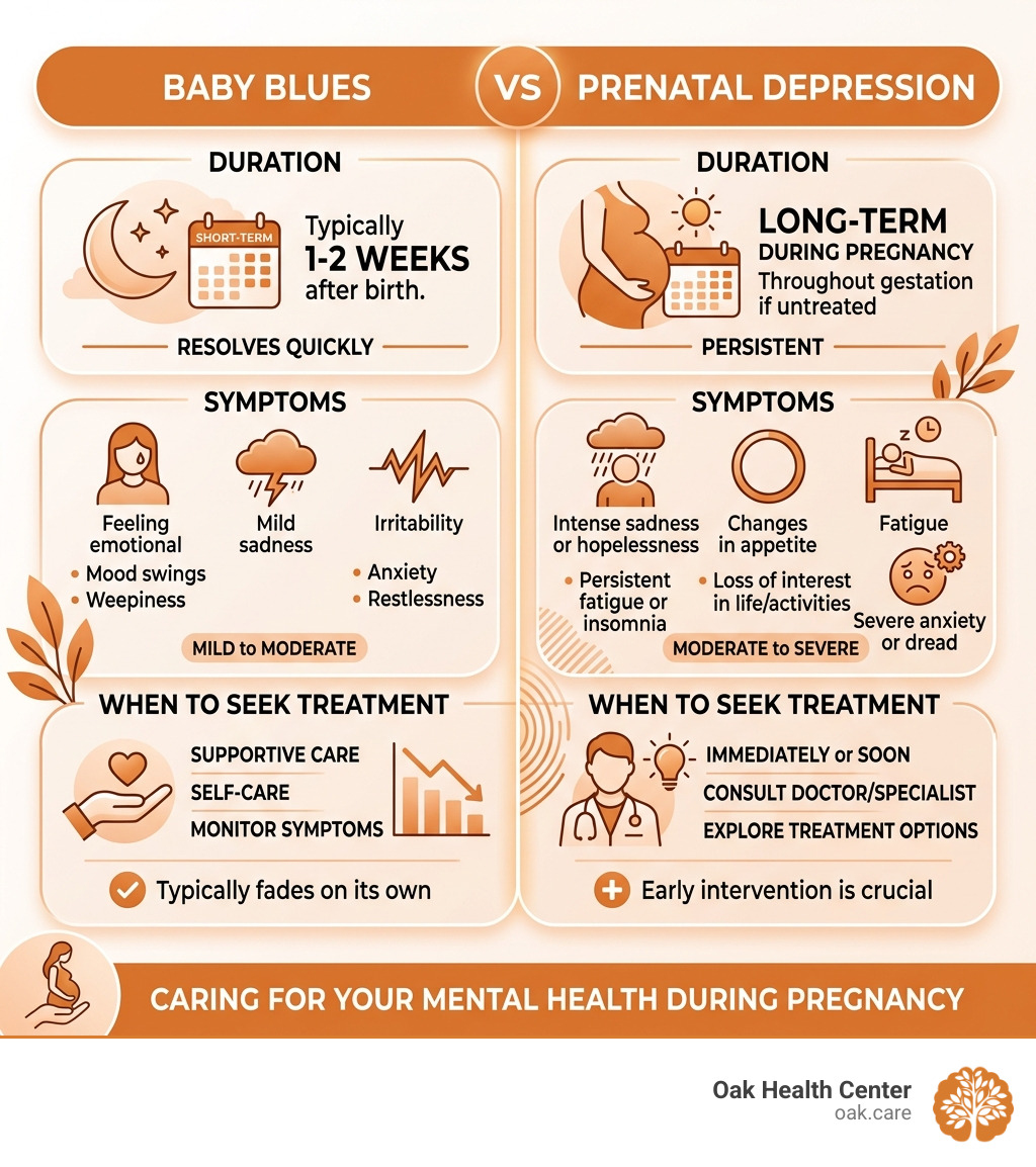 Infographic comparing baby blues vs prenatal depression: duration, symptoms, and when to seek treatment infographic