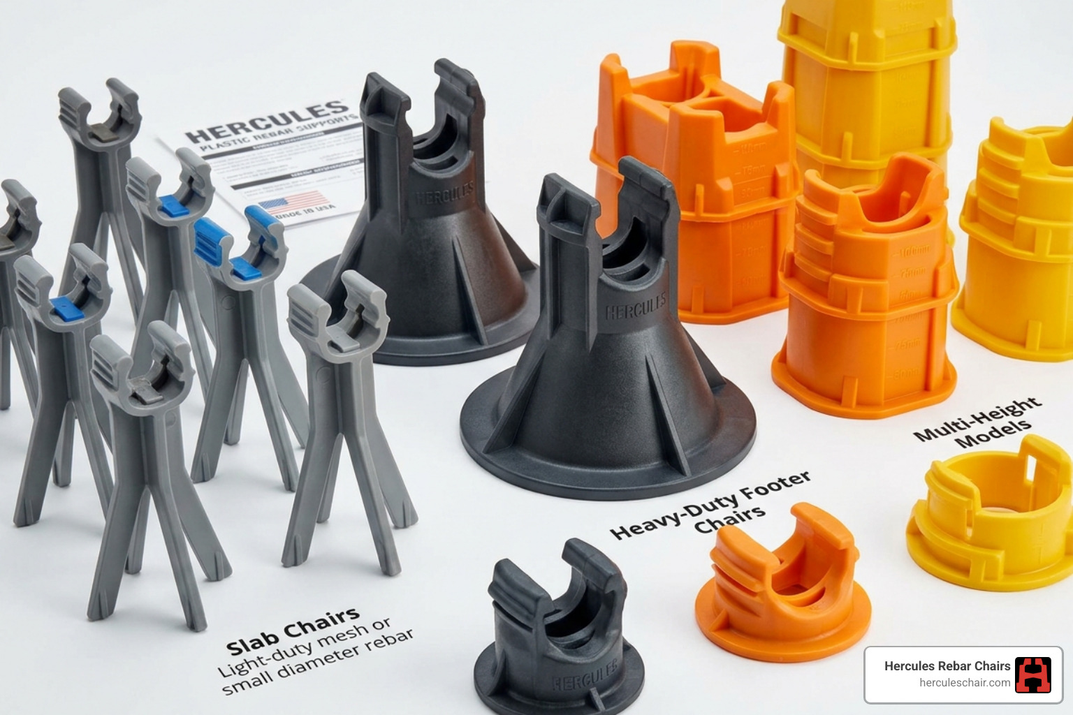 various Hercules plastic rebar chairs including slab and footer models