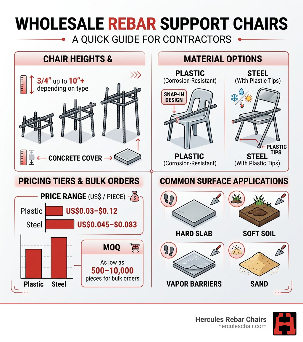 Infographic showing rebar chair heights, materials, pricing tiers, and surface applications for wholesale buyers infographic