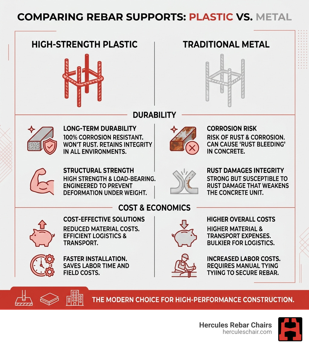 Infographic comparing plastic vs metal rebar supports for durability and cost infographic