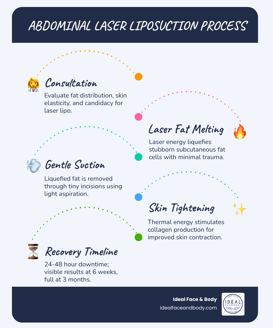 Infographic showing the abdominal laser liposuction process: consultation, laser fat melting, suction, skin tightening Infographic showing the abdominal laser liposuction process: consultation, laser fat melting, suction, skin tightening