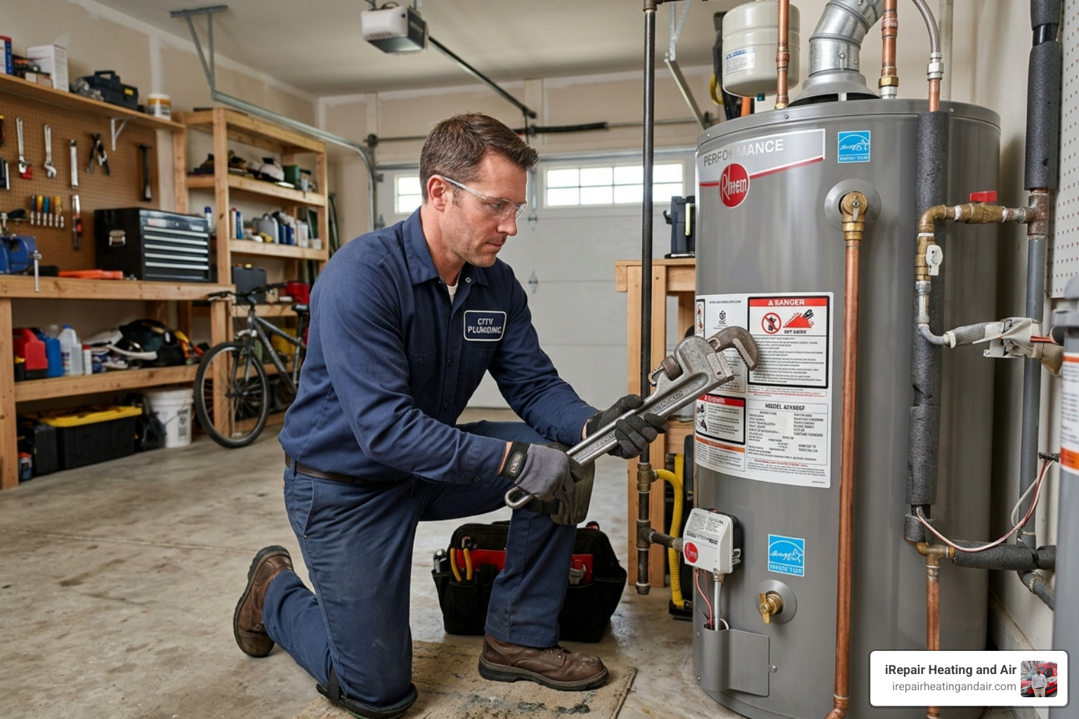 Plumber using a pipe wrench to remove a faulty T&P valve from the side of a water heater Plumber using a pipe wrench to remove a faulty T&P valve from the side of a water heater