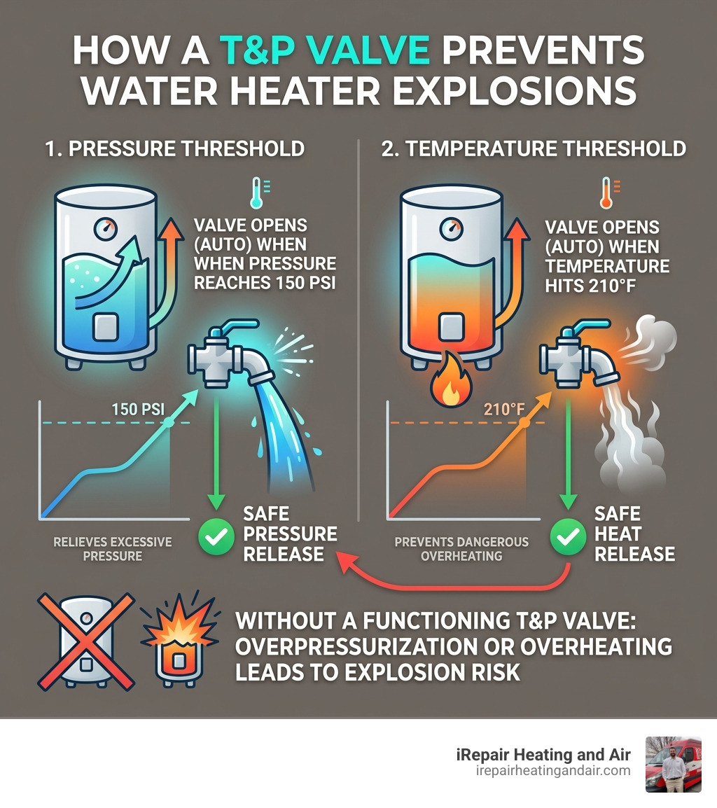 Infographic showing how a T&P valve prevents water heater explosions with pressure and temperature thresholds infographic Infographic showing how a T&P valve prevents water heater explosions with pressure and temperature thresholds infographic