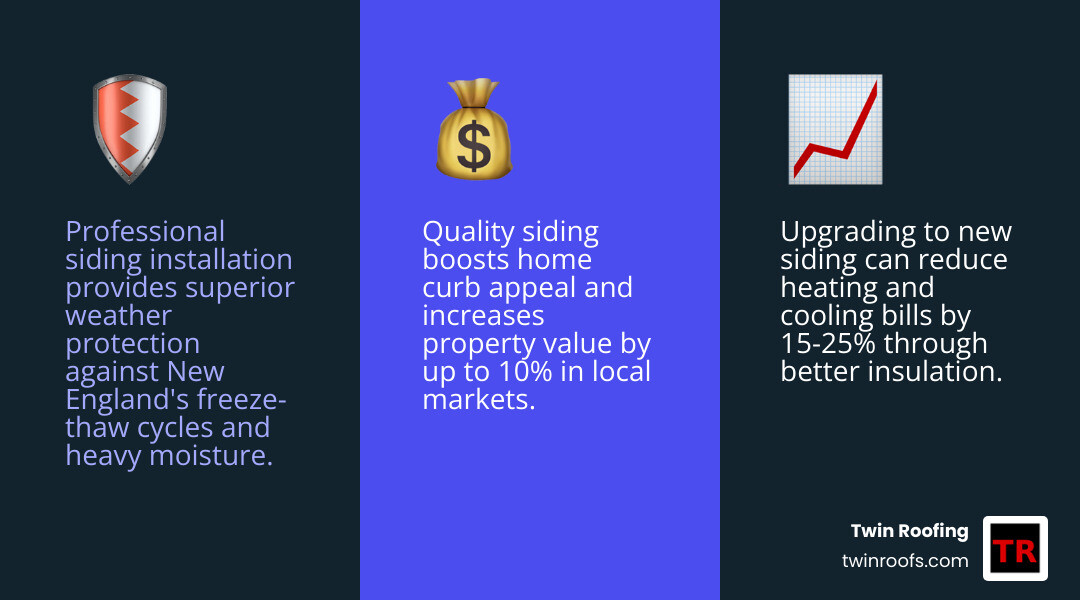 Infographic showing benefits of professional siding installation: weather protection, energy savings, curb appeal, home