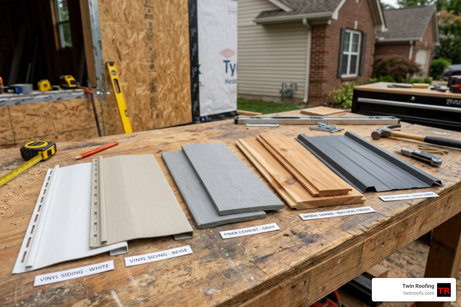 Samples of vinyl, fiber cement, wood, and metal siding materials