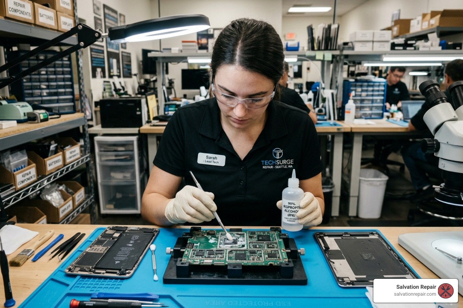 Professional technician cleaning water damage from a tablet motherboard