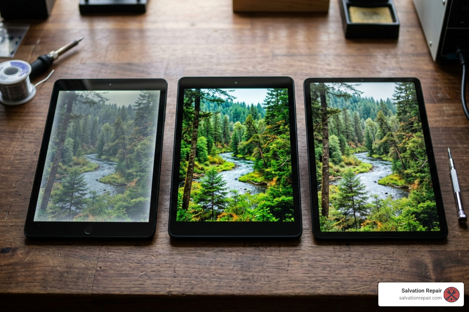 Comparison of LCD, Aftermarket OLED, and OEM tablet screens side-by-side