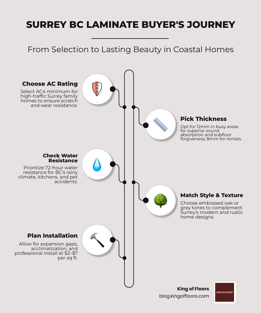 Surrey BC laminate buyer's journey infographic: from choosing AC rating to installation and maintenance infographic Surrey BC laminate buyer's journey infographic: from choosing AC rating to installation and maintenance infographic