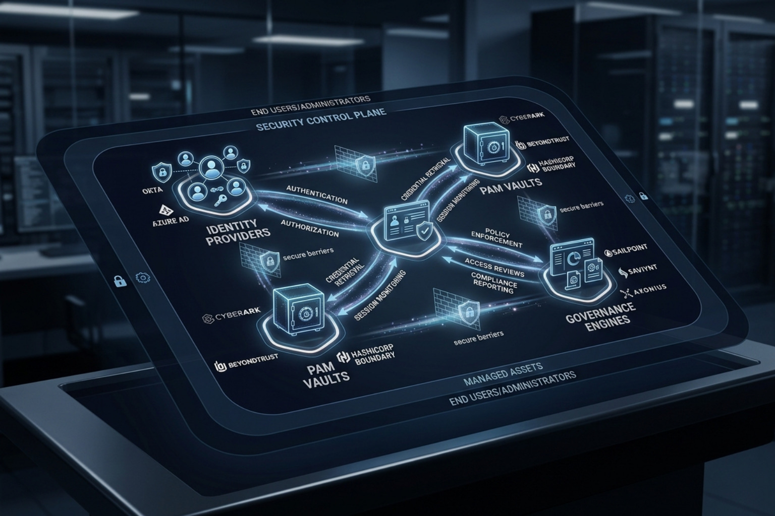 Diagram of the security control plane showing the interaction between identity providers, PAM vaults, and governance engines